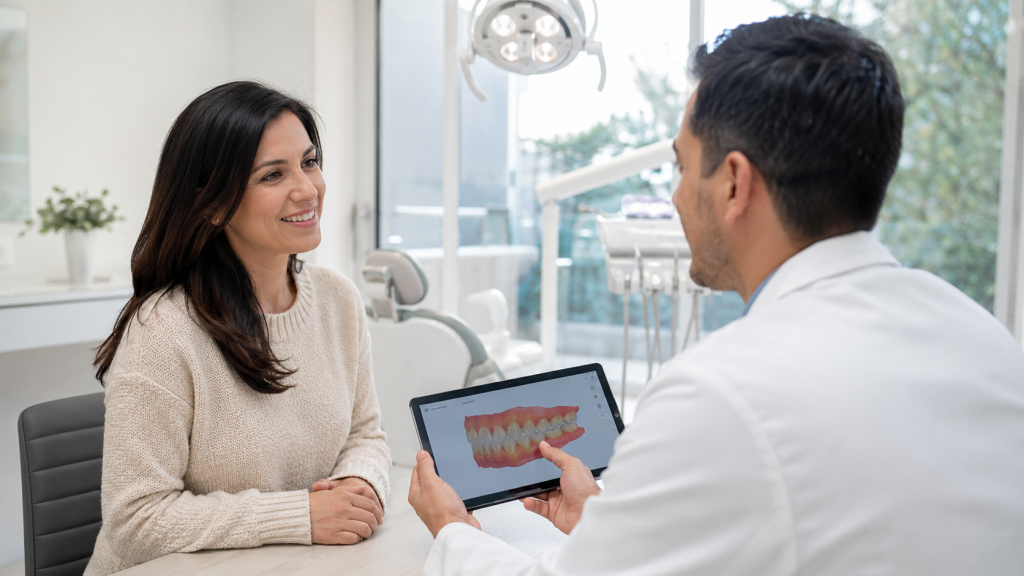 Adult patient smiling during an orthodontic consultation for bite correction at a modern orthodontic office in Woodbridge, VA