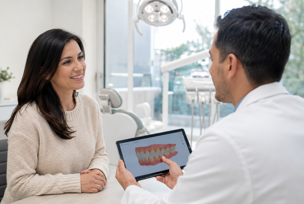 Adult patient smiling during an orthodontic consultation for bite correction at a modern orthodontic office in Woodbridge, VA
