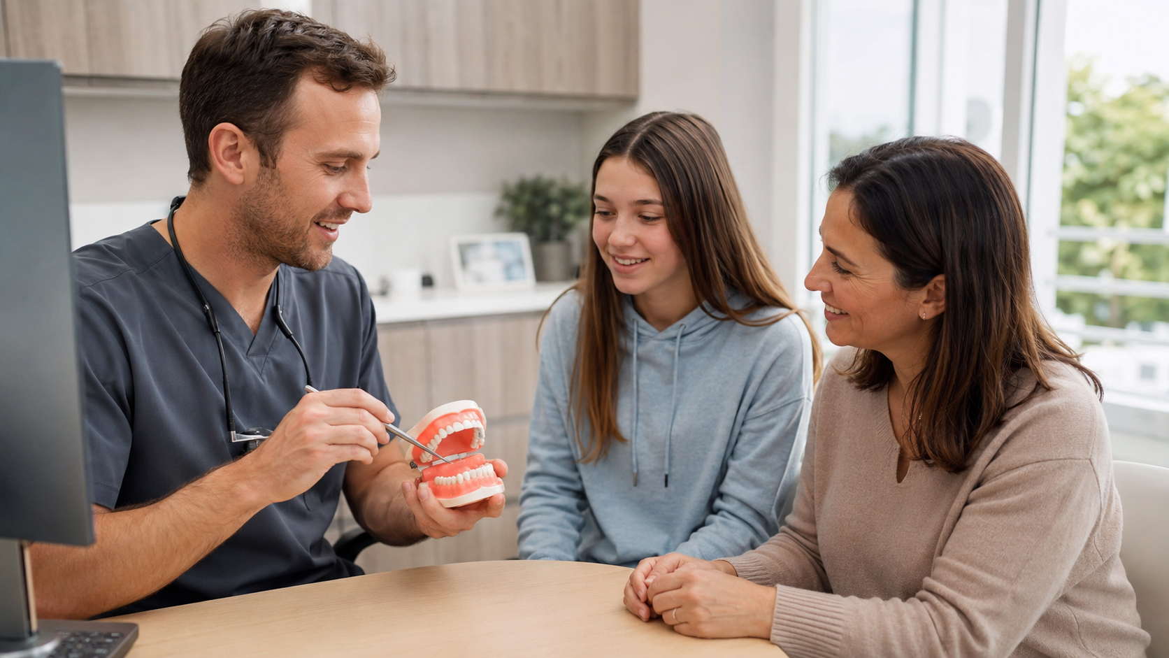 Orthodontist reviewing open bite X-ray with patient in a modern Alexandria VA dental office