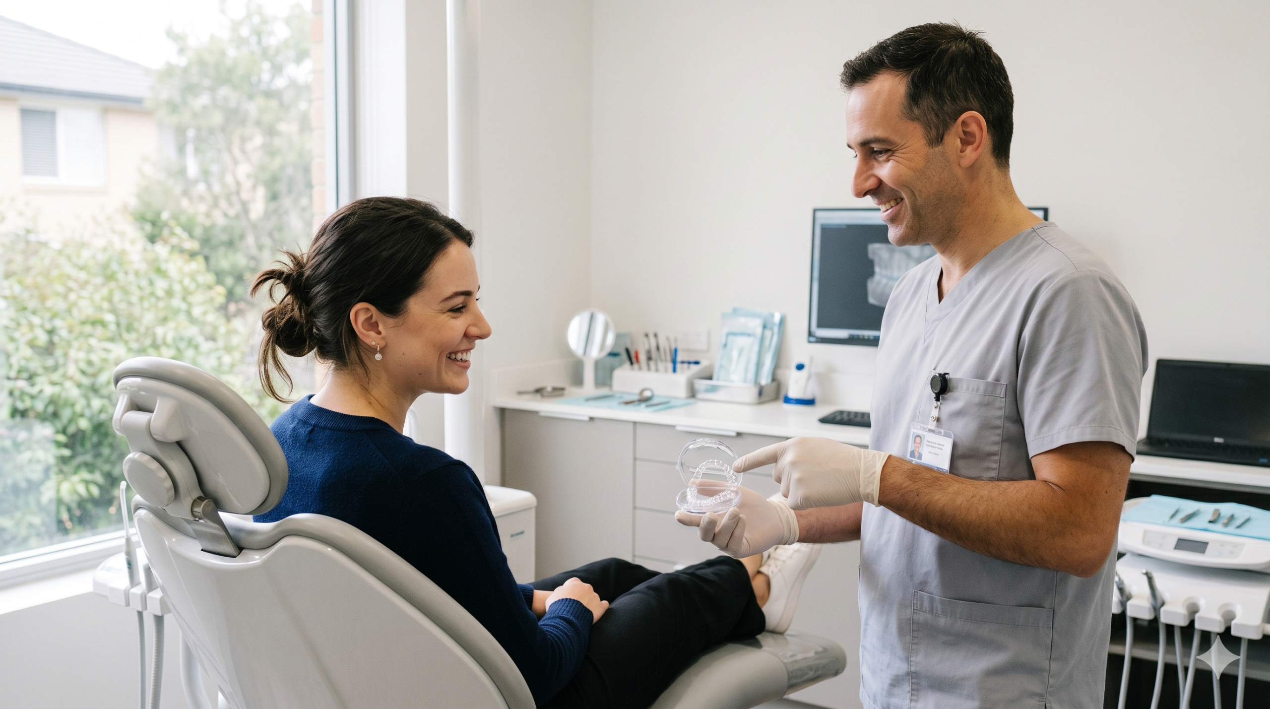 Orthodontist reviewing Invisalign bite correction treatment plan with adult patient in modern Ashburn VA office