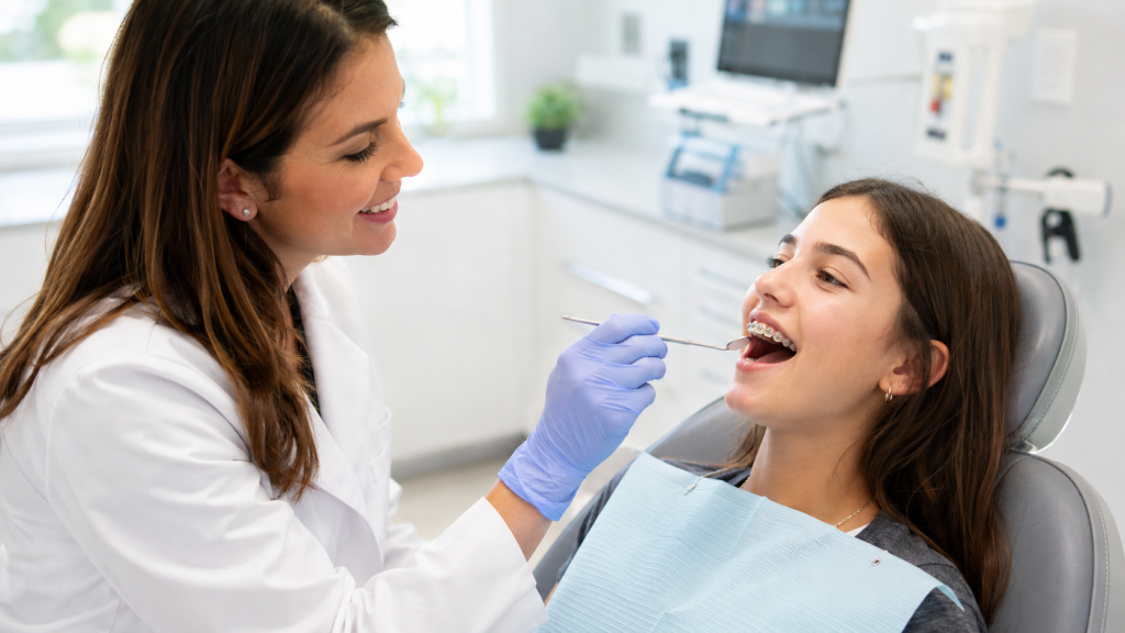Orthodontist examining a patient's bite at a modern orthodontic office in Alexandria, VA