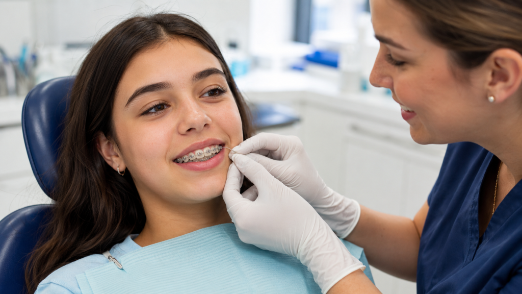 Orthodontist showing a patient how to place jaw elastics on braces at an Alexandria VA orthodontic office