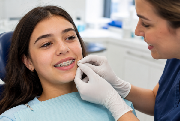 Orthodontist showing a patient how to place jaw elastics on braces at an Alexandria VA orthodontic office