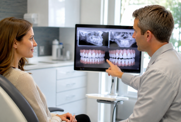 Orthodontist reviewing bite correction X-rays with a patient in a modern Woodbridge VA orthodontic office