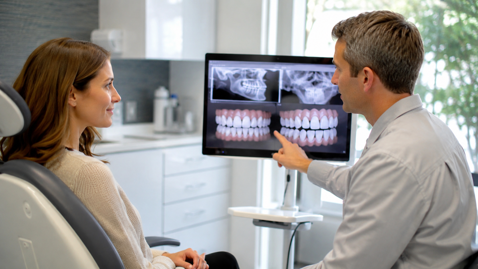 Orthodontist reviewing bite correction X-rays with a patient in a modern Woodbridge VA orthodontic office